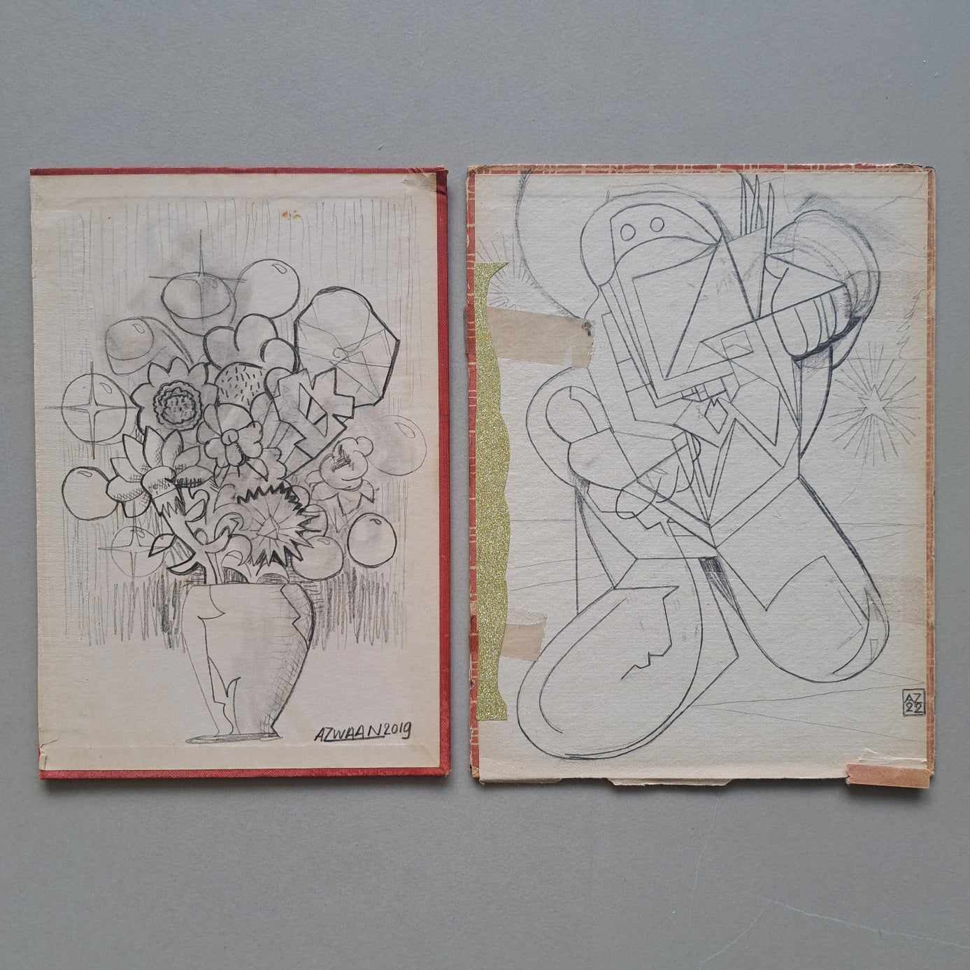 Albert Zwaan - twee tekeningen, een bloemstilleven en een robot