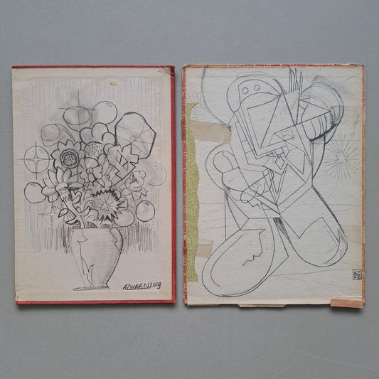 Albert Zwaan - twee tekeningen, een bloemstilleven en een robot